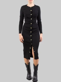 ABITO LONGUETTE NERO ADERENTE IN LANA STRETCH A COSTINE