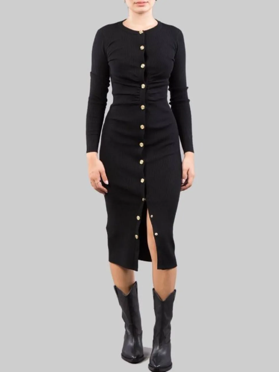 ABITO LONGUETTE NERO ADERENTE IN LANA STRETCH A COSTINE