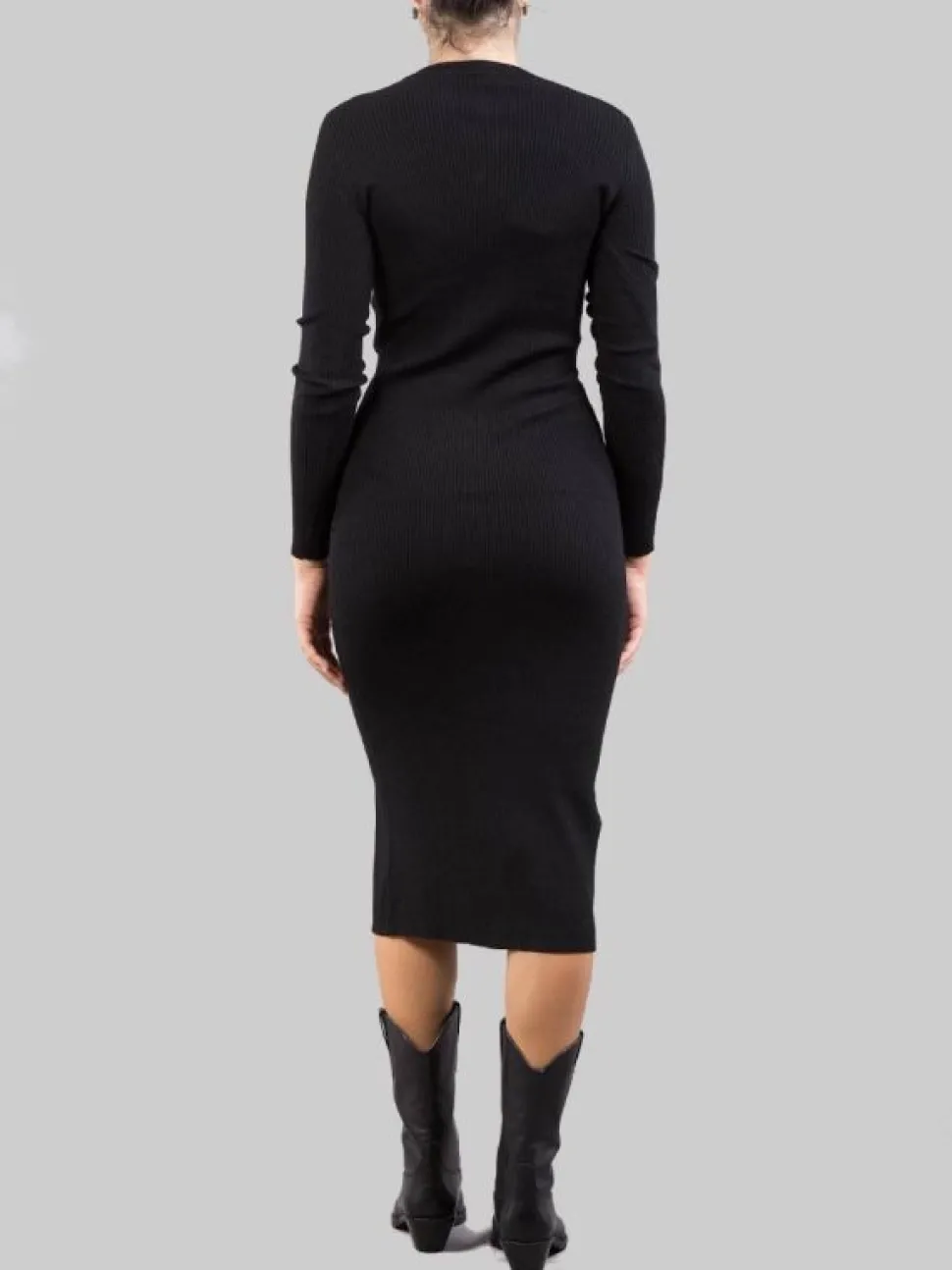 ABITO LONGUETTE NERO ADERENTE IN LANA STRETCH A COSTINE
