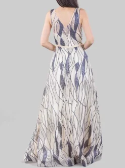ABITO LUNGO IN TULLE A FANTASIA CON PAILLETTES RICAMATE E CINTURA GIOIELLO