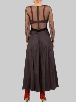 ABITO LUNGO MARRONE IN TULLE CON CINTURA A FIORI IN VITA
