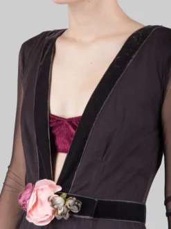 ABITO LUNGO MARRONE IN TULLE CON CINTURA A FIORI IN VITA