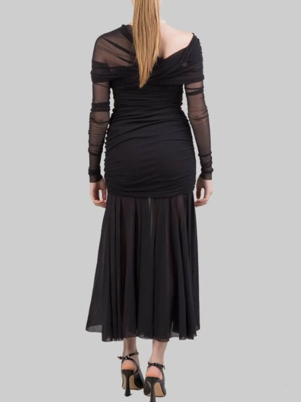 ABITO LUNGO NERO IN TULLE ELASTICIZZATO
