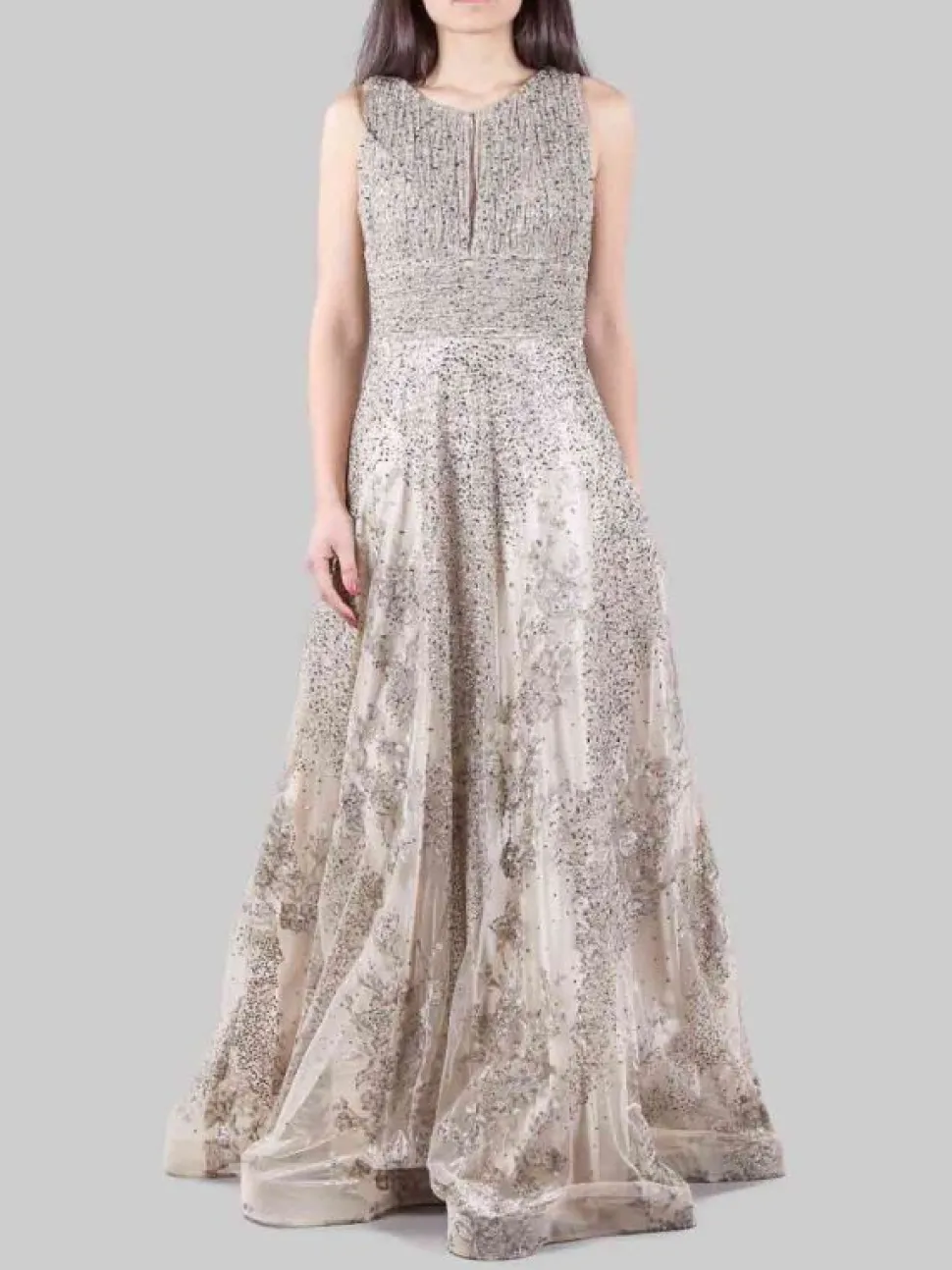 ABITO LUNGO ORO DECORATO CON PERLINE, STRASS E RICAMI IN TESSUTO