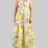ABITO LUNGO REALIZZATO IN TULLE RICAMATO CON FIORI MULTICOLORE E CINTURA IN VITA