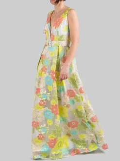 ABITO LUNGO REALIZZATO IN TULLE RICAMATO CON FIORI MULTICOLORE E CINTURA IN VITA