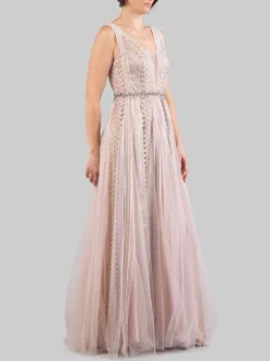 ABITO LUNGO ROSA DECORATO CON RICAMI E STRASS