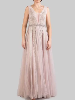 ABITO LUNGO ROSA DECORATO CON RICAMI E STRASS