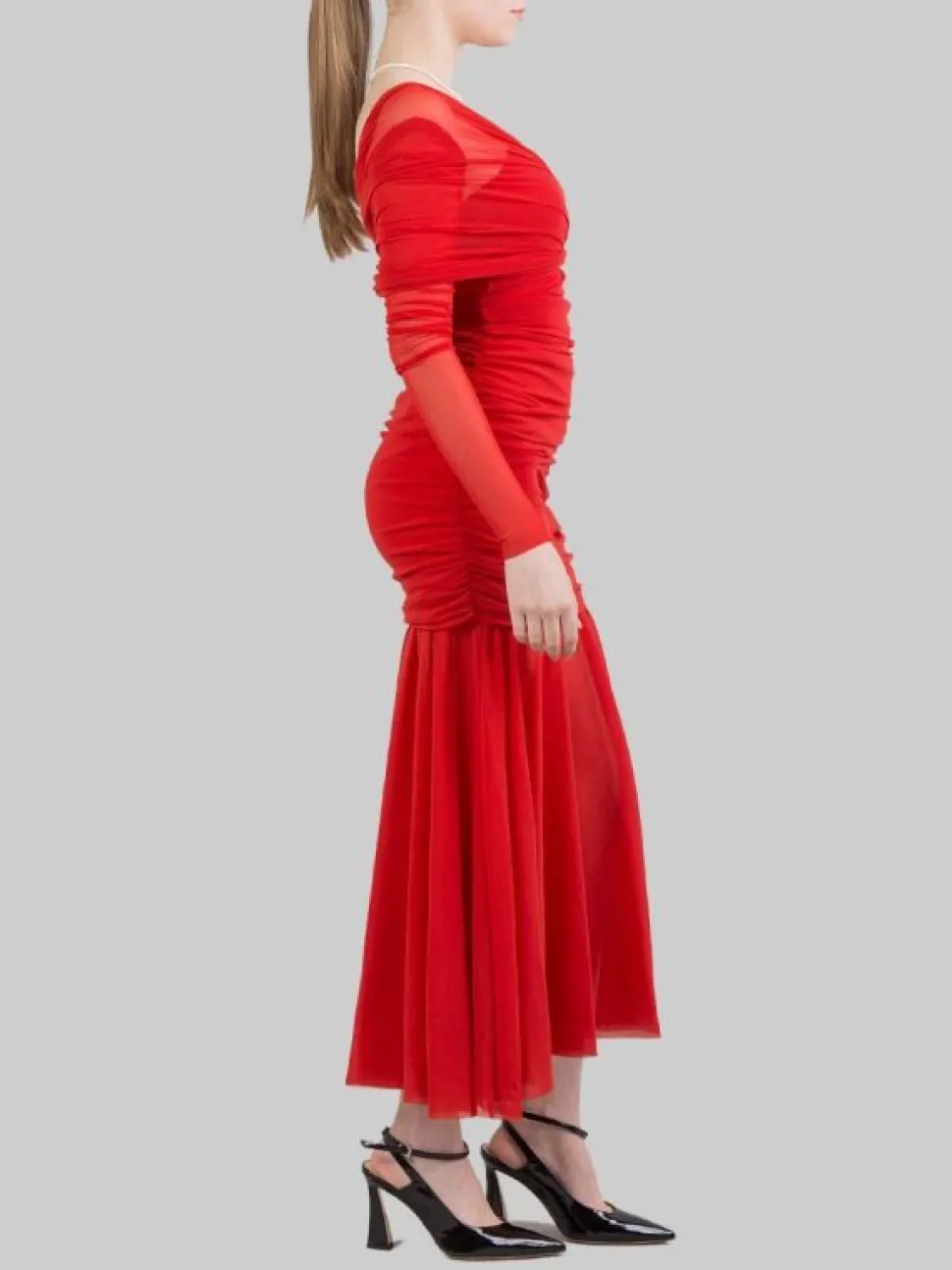 ABITO LUNGO ROSSO IN TULLE ELASTICIZZATO