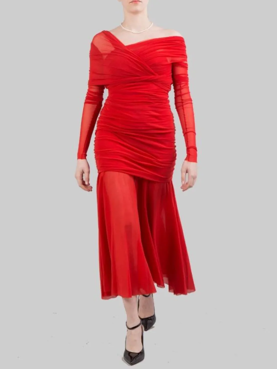 ABITO LUNGO ROSSO IN TULLE ELASTICIZZATO