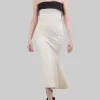 ABITO MIDI BUSTIER IN COTONE AVORIO CON RISVOLTO A CONTRASTO