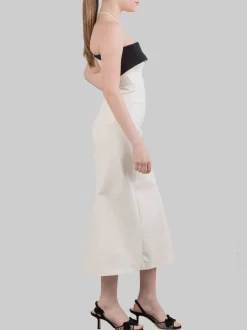 ABITO MIDI BUSTIER IN COTONE AVORIO CON RISVOLTO A CONTRASTO