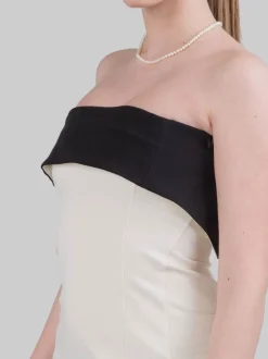 ABITO MIDI BUSTIER IN COTONE AVORIO CON RISVOLTO A CONTRASTO