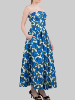 ABITO MIDI BUSTIER SENZA MANICHE A FANTASIA ROSE BLU