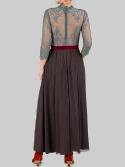 ABITO MIDI IN PIZZO VERDE SALVIA E GONNA IN TULLE MARRONE CON CINTURA IN VELLUTO