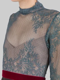 ABITO MIDI IN PIZZO VERDE SALVIA E GONNA IN TULLE MARRONE CON CINTURA IN VELLUTO