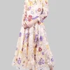 ABITO MIDI IN TULLE ROSA RICAMATO CON FIORI MULTICOLORE E MINI CINTURA IN VITA