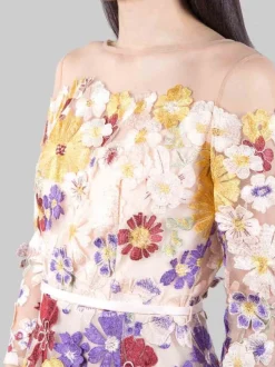 ABITO MIDI IN TULLE ROSA RICAMATO CON FIORI MULTICOLORE E MINI CINTURA IN VITA