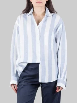 CAMICIA OVERSIZE IN LINO A RIGHE BIANCA E CELESTE