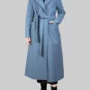 CAPPOTTO LUNGO BLU PETROLIO "A VESTAGLIA" IN LANA VERGINE PRESSATA CON CINTURA