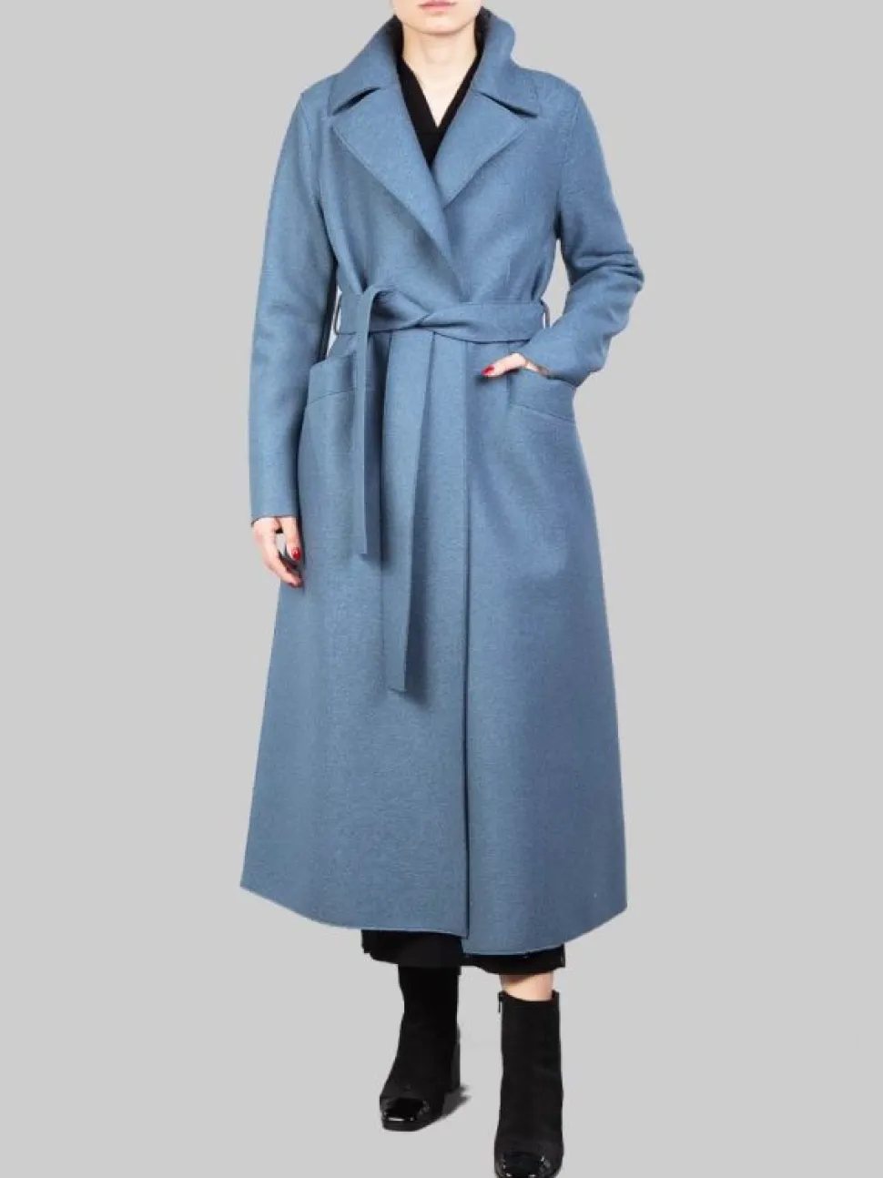 CAPPOTTO LUNGO BLU PETROLIO "A VESTAGLIA" IN LANA VERGINE PRESSATA CON CINTURA