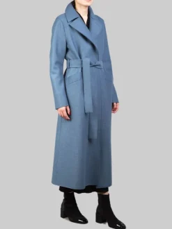 CAPPOTTO LUNGO BLU PETROLIO "A VESTAGLIA" IN LANA VERGINE PRESSATA CON CINTURA