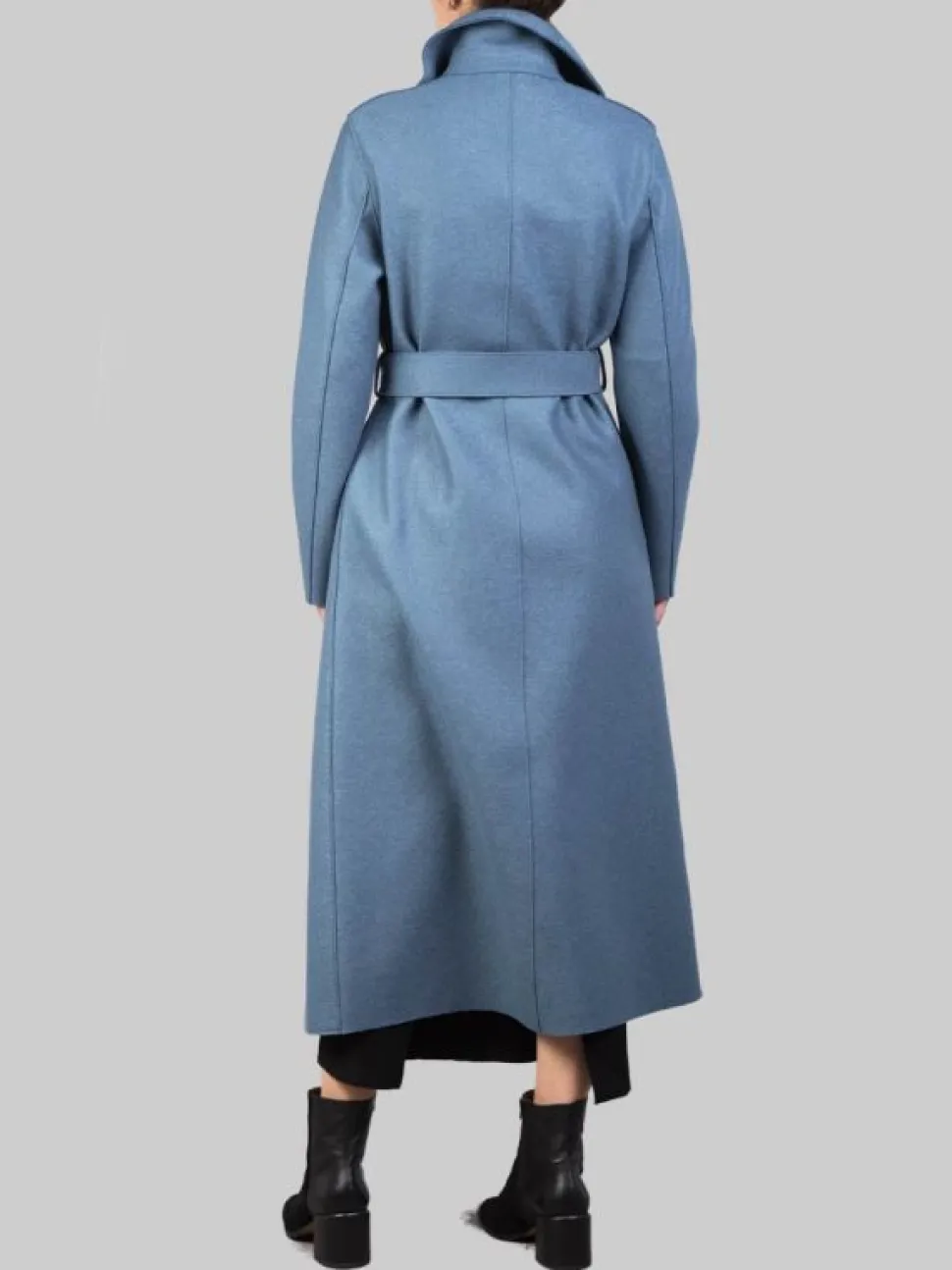 CAPPOTTO LUNGO BLU PETROLIO "A VESTAGLIA" IN LANA VERGINE PRESSATA CON CINTURA