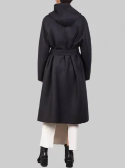 CAPPOTTO LUNGO NERO "A VESTAGLIA" IN LANA VERGINE PRESSATA CON CINTURA
