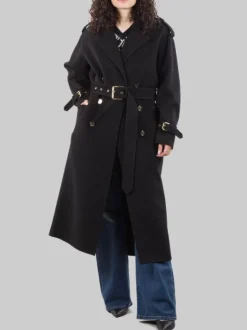 CAPPOTTO LUNGO TESTO IN PANNO DI LANA NERO CON CINTURA IN VITA