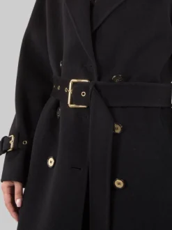 CAPPOTTO LUNGO TESTO IN PANNO DI LANA NERO CON CINTURA IN VITA