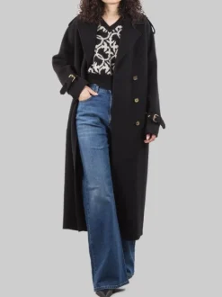 CAPPOTTO LUNGO TESTO IN PANNO DI LANA NERO CON CINTURA IN VITA