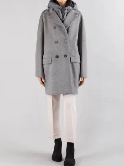 CAPPOTTO OVERSIZE IN PANNO GRIGIO CON IMBOTTITURA PARZIALE E CAPPUCCIO