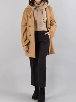 CAPPOTTO OVERSIZE IN PANNO CAMMELLO CON IMBOTTITURA PARZIALE E CAPPUCCIO