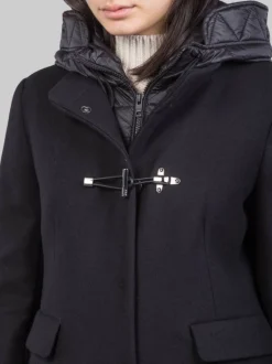 CAPPOTTO TOGGLE IN LANA E TESSUTO TECNICO NERO CON CAPPUCCIO