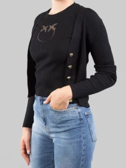 CARDIGAN NERO IN LANA A COSTINE CON LOGO "LOVE BIRDS" IN TRASPARENZA