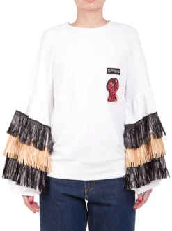 FELPA SWEATSHIRT RAFFIA IN COTONE GIROCOLLO CON FRANGE IN RAFFIA