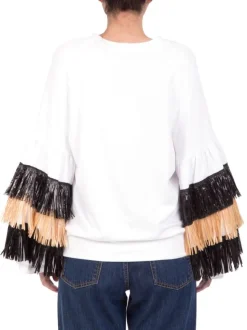 FELPA SWEATSHIRT RAFFIA IN COTONE GIROCOLLO CON FRANGE IN RAFFIA