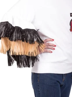FELPA SWEATSHIRT RAFFIA IN COTONE GIROCOLLO CON FRANGE IN RAFFIA