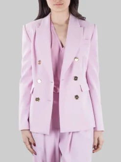 GIACCA GRANATO DOPPIOPETTO IN CREPE ELASTICIZZATO ROSA CON BOTTONI ORO