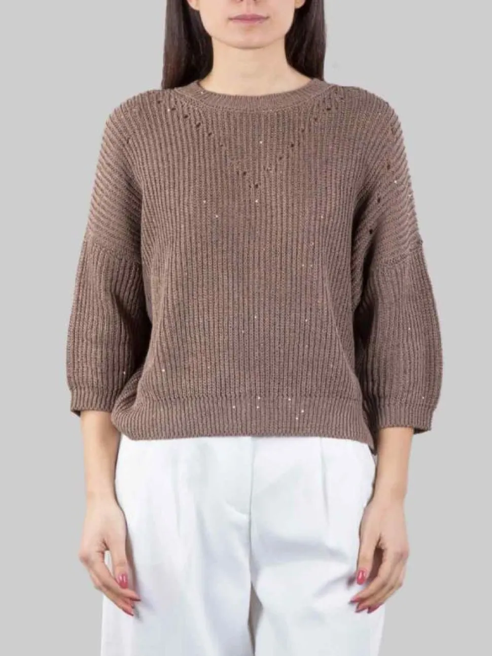 MAGLIA GIROCOLLO IN COTONE MARRONE CON MICRO PAILLETTES