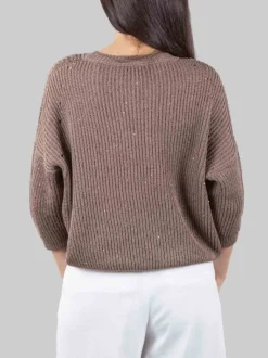MAGLIA GIROCOLLO IN COTONE MARRONE CON MICRO PAILLETTES