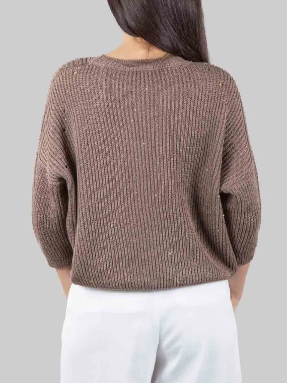 MAGLIA GIROCOLLO IN COTONE MARRONE CON MICRO PAILLETTES