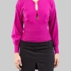 MAGLIA IN LANA STRETCH VIOLA CON ANELLO LOVE BIRDS ORO