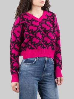 MAGLIA OVINO IN MISTO LANA E ALPACA CON LOGO ALL OVER FUXIA E NERA