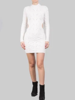 MINI ABITO BIANCO PANNA IN MAGLIA INTRECCIATA CON SCOLLATURA SULLA SCHIENA