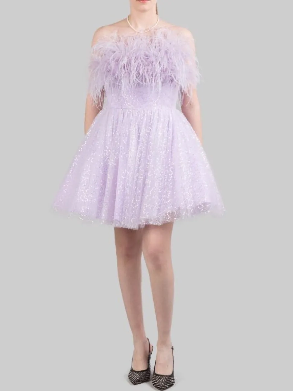 MINI ABITO LILLA CON PAILLETTES E PIUME