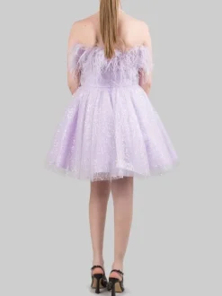 MINI ABITO LILLA CON PAILLETTES E PIUME