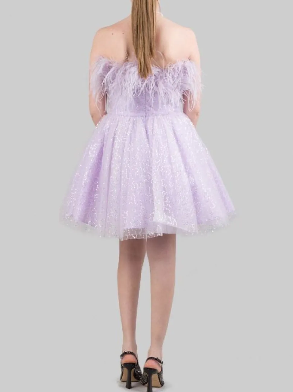 MINI ABITO LILLA CON PAILLETTES E PIUME
