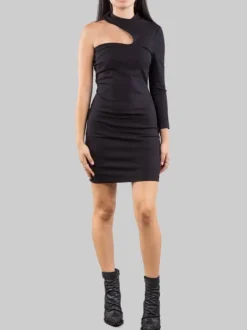 MINI ABITO MONOSPALLA NERO IN TESSUTO ELASTICIZZATO
