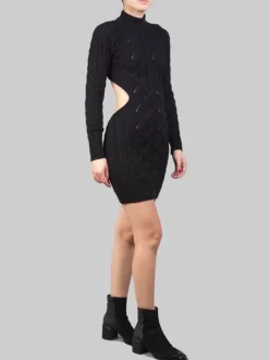 MINI ABITO NERO IN MAGLIA INTRECCIATA CON SCOLLATURA SULLA SCHIENA
